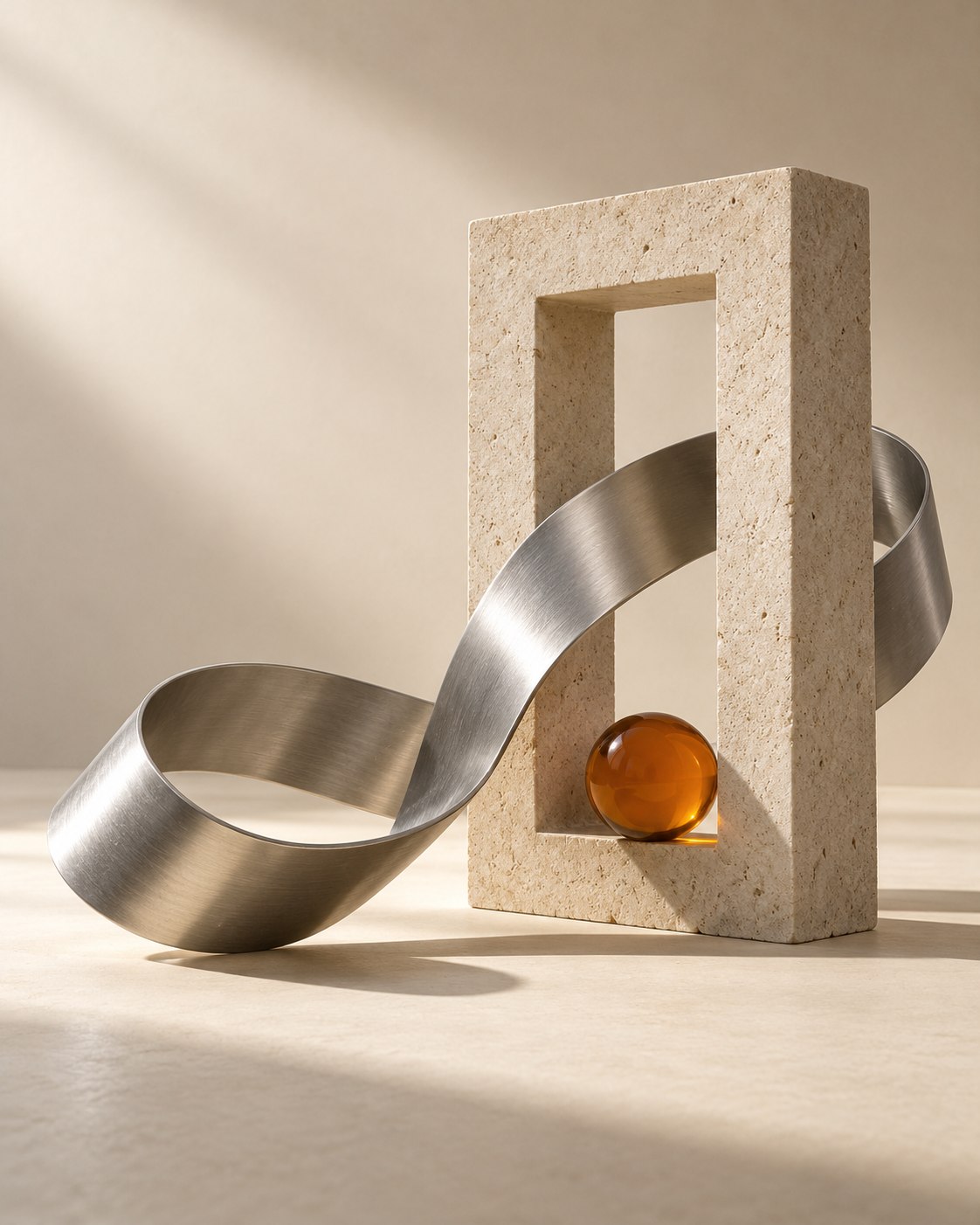A flowing steel ribbon wraps a limestone frame holding an amber sphere — an exploration of originality and protection
